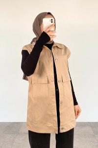 Lamelif Önü Çıtçıt Düğmeli Yelek Bej
