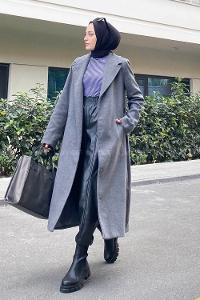 Modalamelif Belden Bağlamalı Kaşe Kaban Antrasit