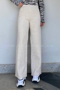 Modalamelif Bel Lastikli Fitil Detaylı Bol Paça Triko Pantolon Krem