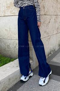 Lamelif Paça İç Yırtmaç Bol Paça Jean Koyu Mavi