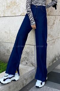 Lamelif Paça İç Yırtmaç Bol Paça Jean Koyu Mavi