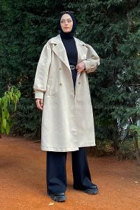 Lamelif Balon Kol Kemerli Trenç Bej