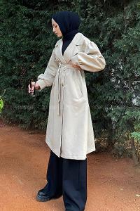 Lamelif Balon Kol Kemerli Trenç Bej