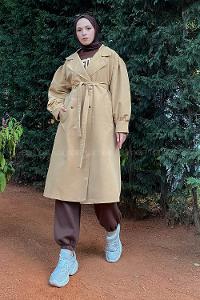 Lamelif Balon Kol Kemerli Trenç Camel