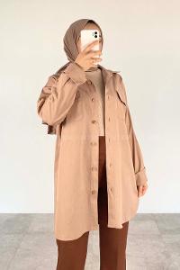 Brown With Milk Shirt Collar Long Arm Cotton Fabric Unprinted Shirt