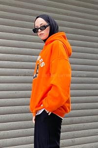 Lamelif Los Angeles Baskılı Oversize Sweatshirt Turuncu