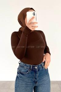 Lamelif Yarım Balıkçı Yaka Düz Renk Body Acı Kahve