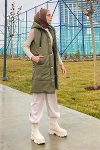 Modalamelif Önü Fermuarlı Şişme Mont Kapüşonlu Yelek Haki