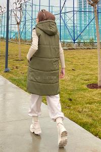 Modalamelif Önü Fermuarlı Şişme Mont Kapüşonlu Yelek Haki