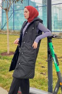 Modalamelif Önü Fermuarlı Şişme Mont Kapüşonlu Yelek Siyah