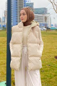 Beige Hood Neck Zero Arm Without Accessories Cotton Unprinted Vest