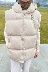 Beige Hood Neck Zero Arm Without Accessories Cotton Unprinted Vest