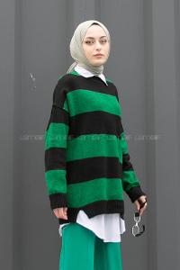 Modalamelif Bisiklet Yaka Renk Garnili Çizgili Bertie Triko Kazak Siyah-Haki