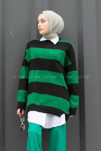 Modalamelif Bisiklet Yaka Renk Garnili Çizgili Bertie Triko Kazak Siyah-Haki