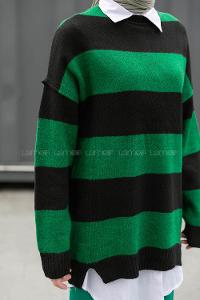 Modalamelif Bisiklet Yaka Renk Garnili Çizgili Bertie Triko Kazak Siyah-Haki