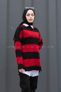 Modalamelif Bisiklet Yaka Renk Garnili Çizgili Bertie Triko Kazak Siyah-Kırmızı