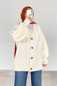 Modalamelif Balon Kol Örgü Desen Ön Düğmeli Hırka Ekru