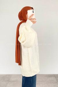 Modalamelif Balon Kol Örgü Desen Ön Düğmeli Hırka Ekru