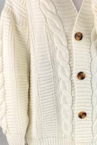 Modalamelif Balon Kol Örgü Desen Ön Düğmeli Hırka Ekru