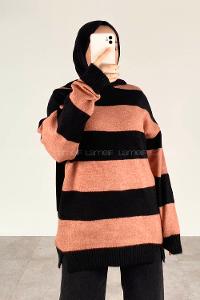 Modalamelif Bisiklet Yaka Renk Garnili Çizgili Bertie Triko Kazak Siyah-Gül