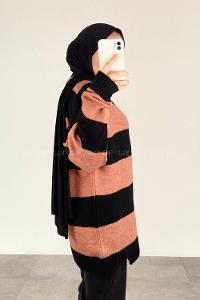 Modalamelif Bisiklet Yaka Renk Garnili Çizgili Bertie Triko Kazak Siyah-Gül