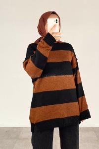 Modalamelif Bisiklet Yaka Renk Garnili Çizgili Bertie Triko Kazak Siyah-Kahverengi