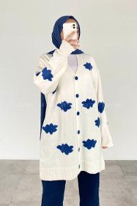 Modalamelif Boydan Düğmeli Bulut Desen Hırka Ekru