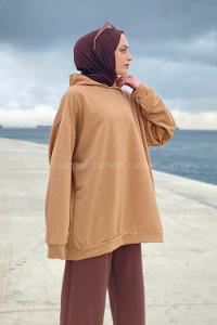 Camel Hood Neck Long Arm Printed Sweatshirt