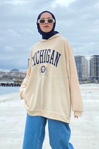 Lamelif Mıchıgan Baskılı Kapüşonlu Sweatshirt Krem
