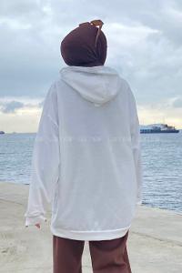 Lamelif Mıchıgan Baskılı Kapüşonlu Sweatshirt Beyaz