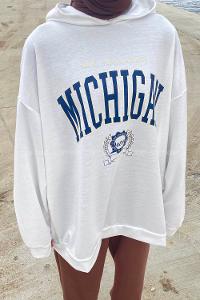 Lamelif Mıchıgan Baskılı Kapüşonlu Sweatshirt Beyaz