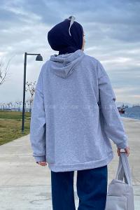 Lamelif Mıchıgan Baskılı Kapüşonlu Sweatshirt Gri