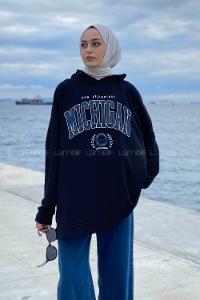Lamelif Mıchıgan Baskılı Kapüşonlu Sweatshirt Siyah