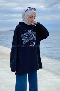 Lamelif Mıchıgan Baskılı Kapüşonlu Sweatshirt Siyah
