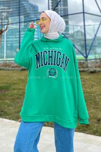 Lamelif Mıchıgan Baskılı Kapüşonlu Sweatshirt Yeşil