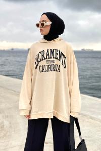 Beige Hood Neck Long Arm Printed Sweatshirt