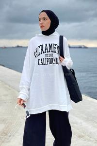 Lamelif Sacramento Baskılı Kapüşonlu Sweatshirt Beyaz