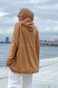 Lamelif Sacramento Baskılı Kapüşonlu Sweatshirt Camel