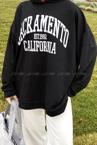 Lamelif Sacramento Baskılı Kapüşonlu Sweatshirt Siyah