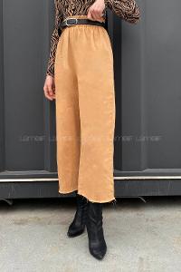 Lamelif Beli Lastikli Kesik Bol Paça Pantolon Camel