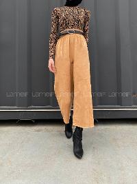 Lamelif Beli Lastikli Kesik Bol Paça Pantolon Camel