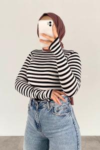 Lamelif Eldiven Detaylı Body Beyaz Siyah