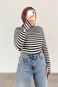 Lamelif Eldiven Detaylı Body Beyaz Siyah