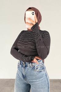 Lamelif Eldiven Detaylı Body Siyah Beyaz