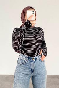 Lamelif Eldiven Detaylı Body Siyah Beyaz