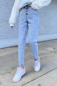 Ice Blue Cotton Denim High Waist Denim Pants