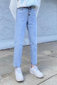 Ice Blue Cotton Denim High Waist Denim Pants