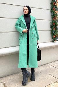 Modalamelif Düğme Kapamalı Kapüşonlu Kaban Yeşil