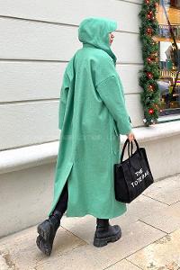 Modalamelif Düğme Kapamalı Kapüşonlu Kaban Yeşil