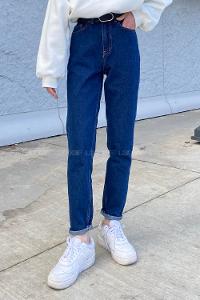 Dark Blue Cotton Denim High Waist Denim Pants